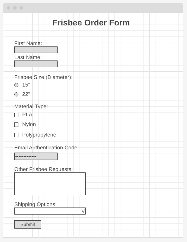 The wireframe for the form